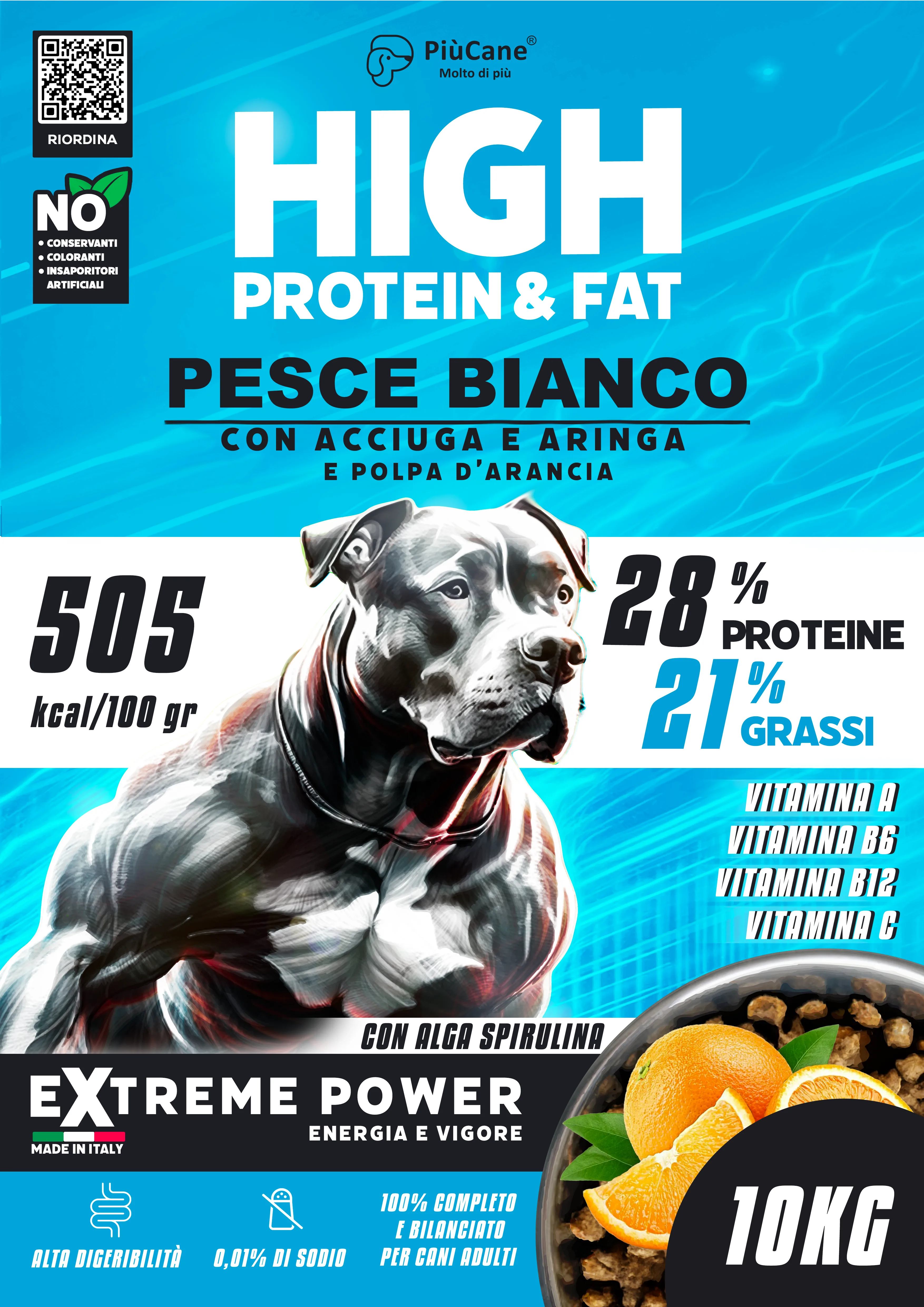 ADULT PESCE BIANCO CON ARANCIA 10 KG PiùCane Extreme Power Pesce Bianco con Acciuga e Aringa e polpa d’arancia - Extreme Power Energia e Vigore - Foto 2 | AlanDog