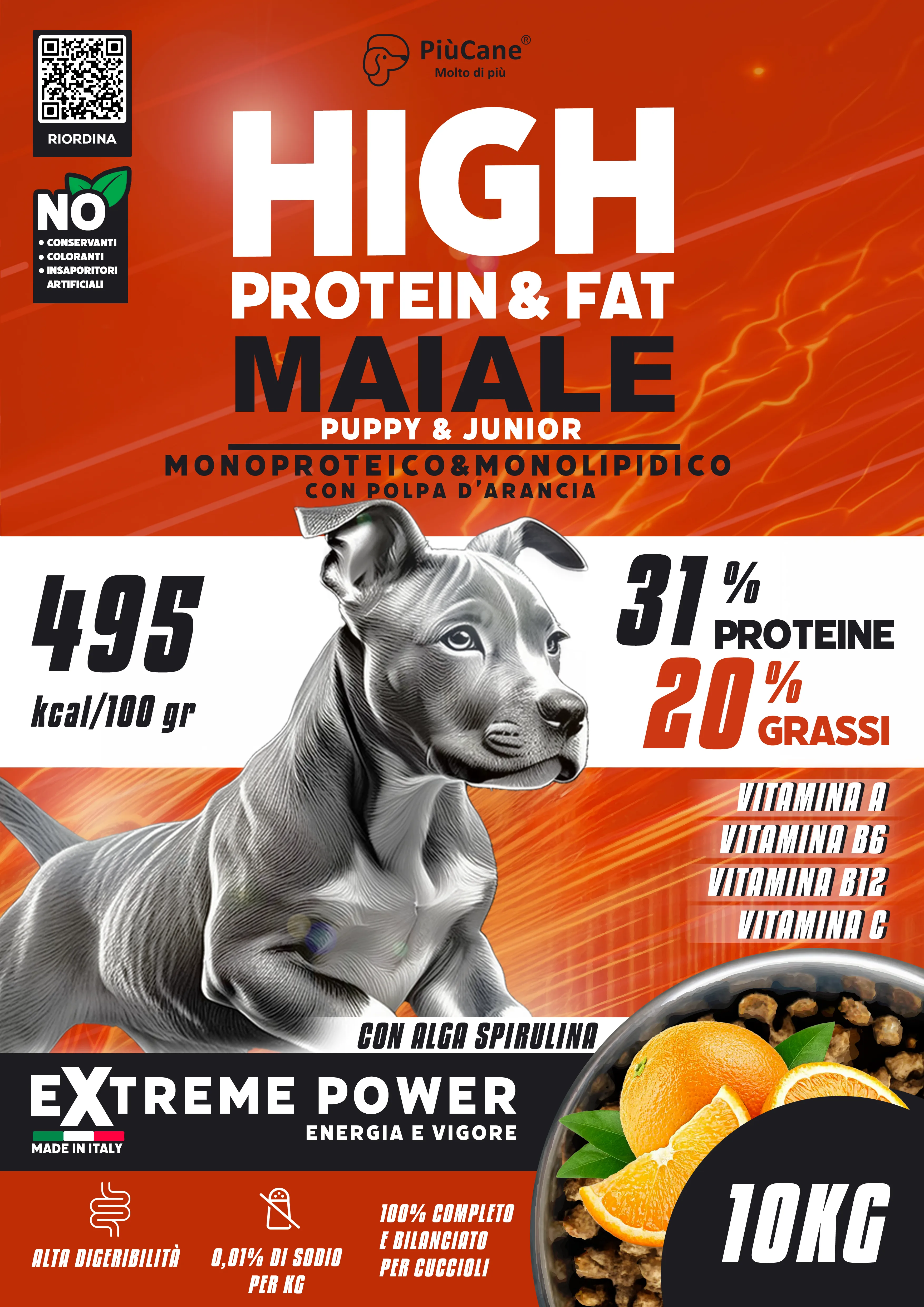 PUPPY&JUNIOR CON ARANCIA PiùCane Extreme Power Puppy e Junior Maiale Monoproteico con Arancia - Extreme Power Energia e Vigore - Foto 2 | AlanDog