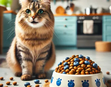 Gatto sano e felice che mangia crocchette contenenti mirtillo criolifilizzato, simbolo di salute e nutrizione naturale
